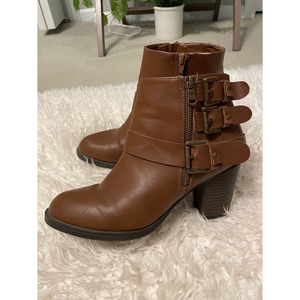Brown Faux Leather Heeled Strappy Bootie